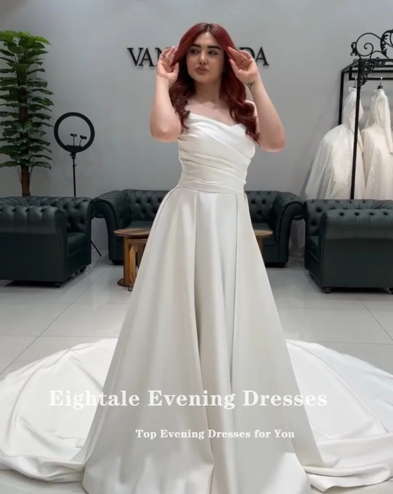 

Eightale Arabic Wedding Dresses V-Neck Customized Satin Pleats Ivory A-Line Bridal Gowns Vestidos De Novia