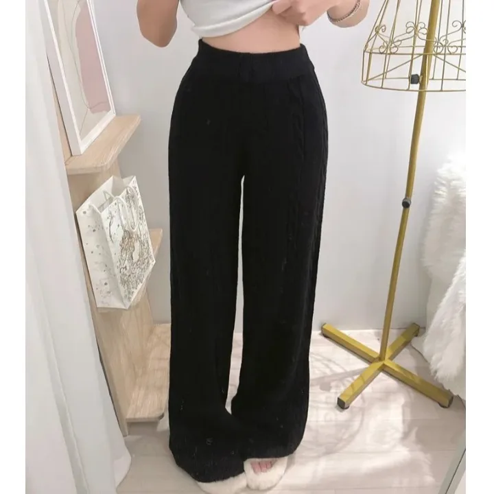 Thiened gebreide casual broek dames hoge taille rechte pijpen losse pasvorm herfst winter warme wijde pijpen lange broek