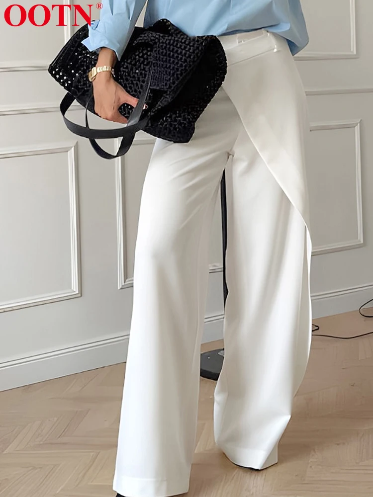 OOTN Irregular Women Pants White Loose High Waist Casual Trousers Female Elegant Floor Length Office Ladies 2024 Summer Fashion