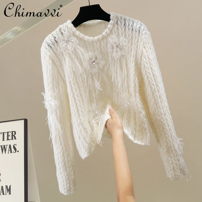 

Korean Fashion Heavy Sequin Feather Knitted Sweater Autumn New Long Sleeve Round Neck Loose Elegant Women's Pullover Top