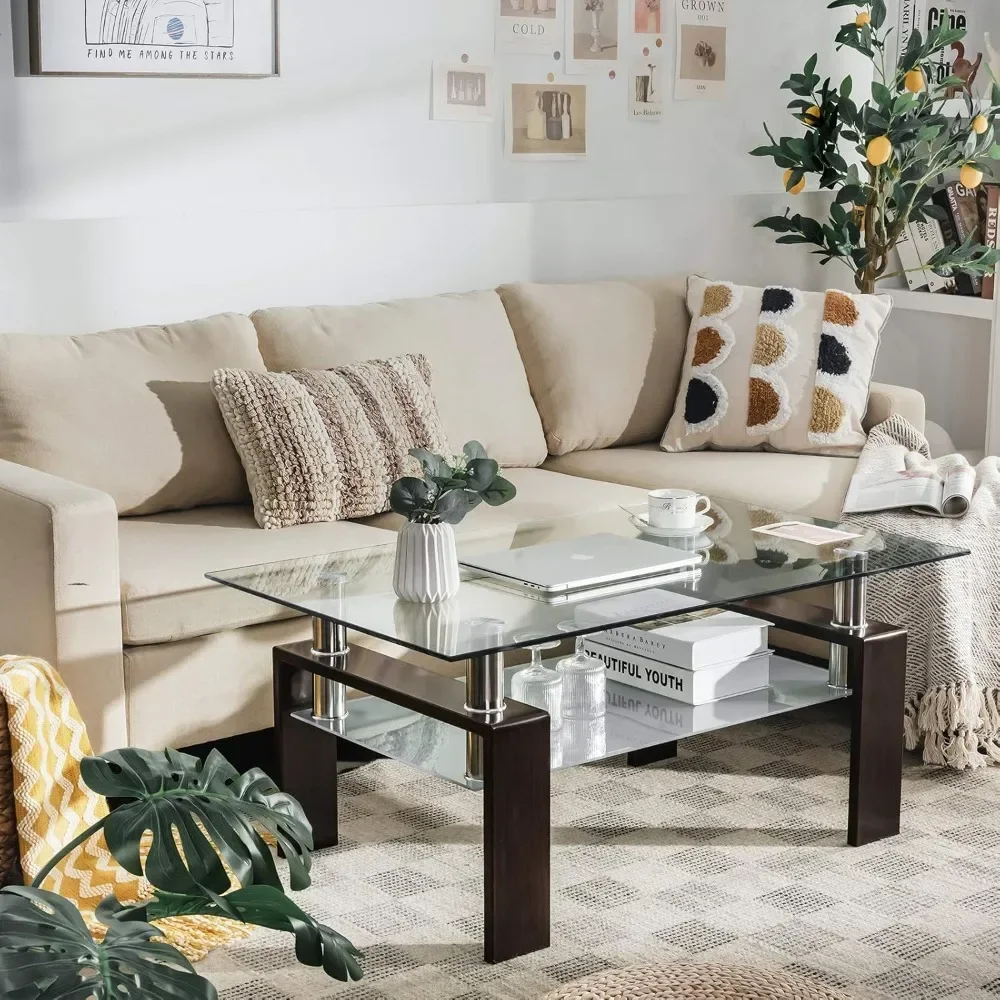 Rectangular Glass Coffee Table, Modern Side Coffee Table w/Lower Shelf, Tempered Glass Tabletop & Metal Legs