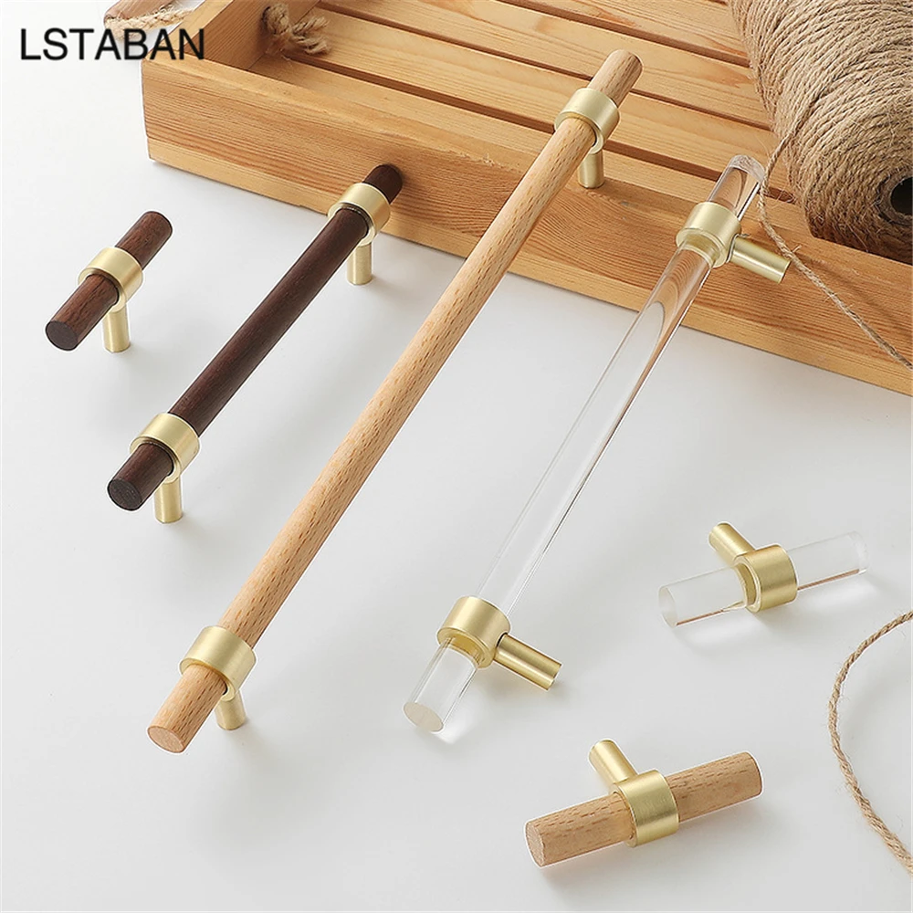 Gold Acrylic Long Cabinet Door Handles Beech Walnut Wardrobe Kitchen Crystal Furniture Handles Zinc Alloy Pulls Cupboard Knobs