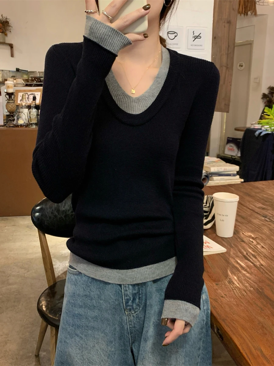 

Korean Sle V-Ne Knitted Base irt Women's Autumn Winter Slim Fit Waist Cinched Spicy Top Inner Wear Sweater Fake Two-Piece