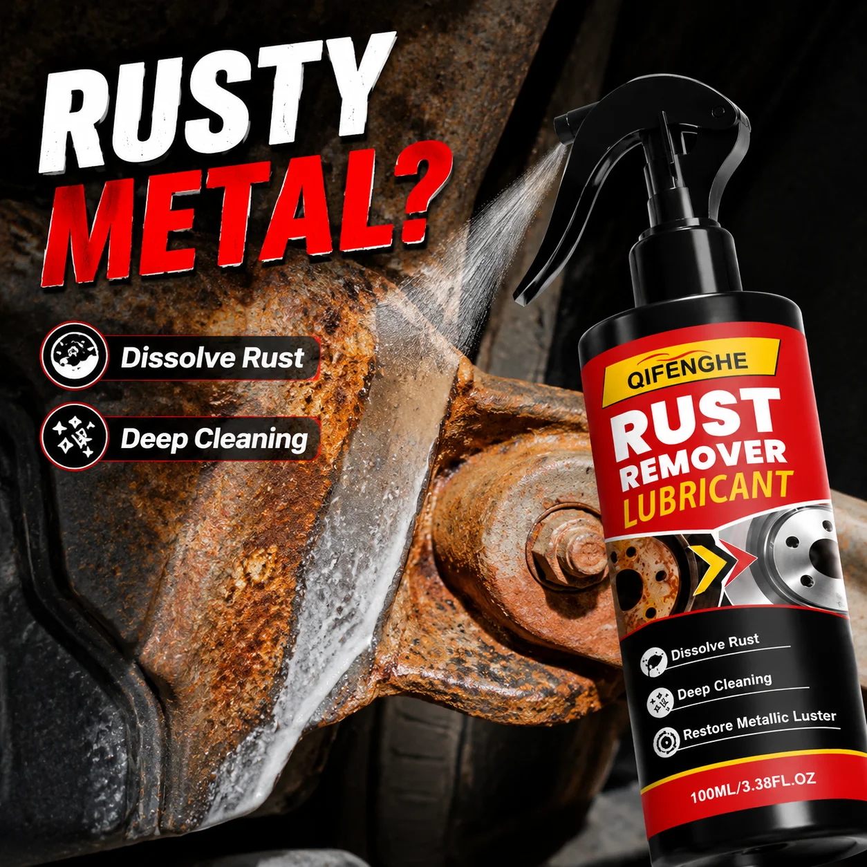QIFENGHE Rust Remover Lubricant Spray 100ml, Metal Rust Dissolver for Car Brake Disc Bolt Hinge, Deep Cleaning, Restore Metallic