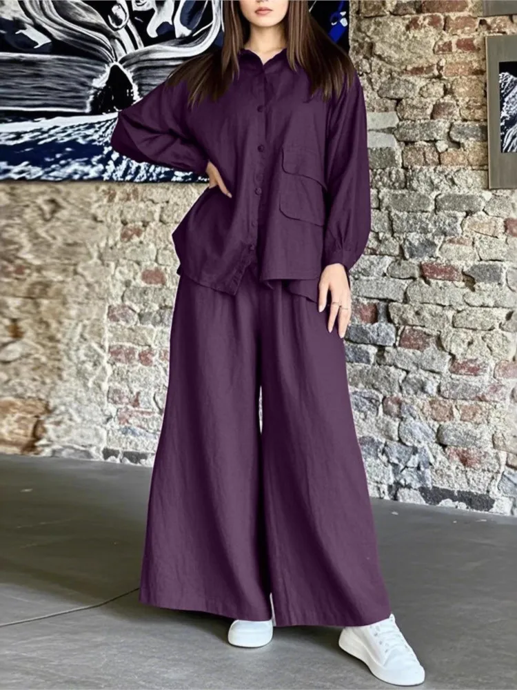 

Fashion Solid Loose 2 Pieces Set Woman Casual Long Sleeve Button Shirt+Wide Leg Pants Sets Outfits Lady Office Vintage Clothes