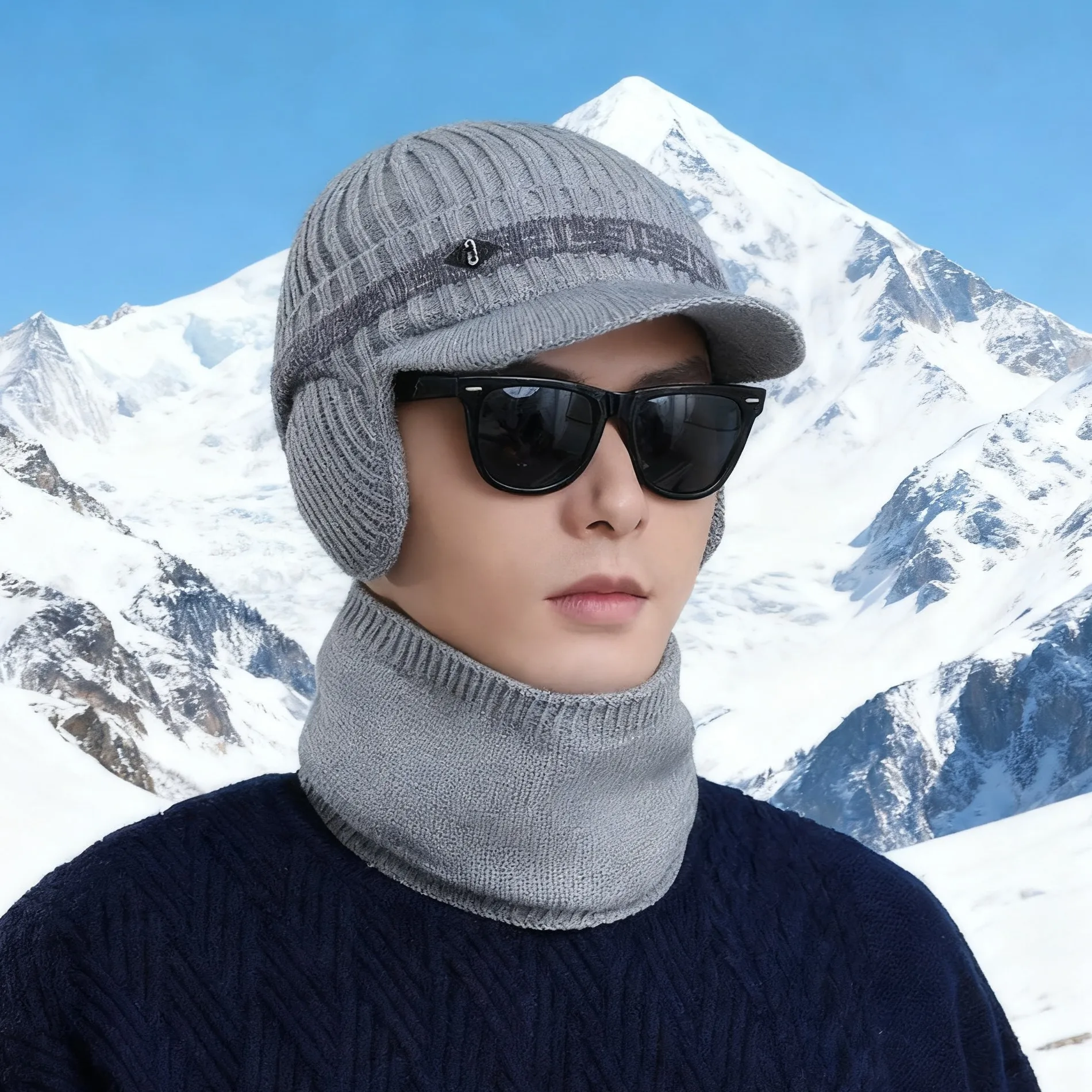 الرجال الشتاء قبعة طقم أربطة عنق 2 قطع الشتاء مجموعة الذكور في الهواء الطلق الصوف الدفء قناع بيني و وشاح مجموعة جديد 2025 الشتاء Hot البيع