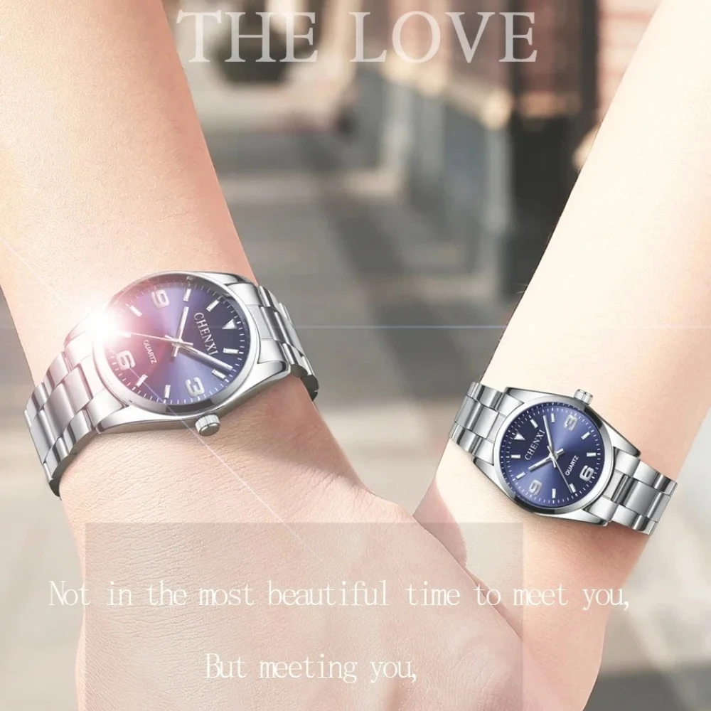 CHENXI 003A 커플 시계 패션 비즈니스 포인터 야광 방수 스틸 스트랩 시계 남녀 연인 데이트 시계