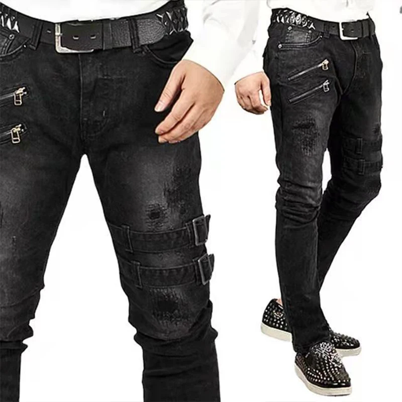 Men's Punk Hip Hop Black Fashion Jeans Spring summer New Rock Motorcycle Street Wear Tight Casual Denim pants Straight leg pants