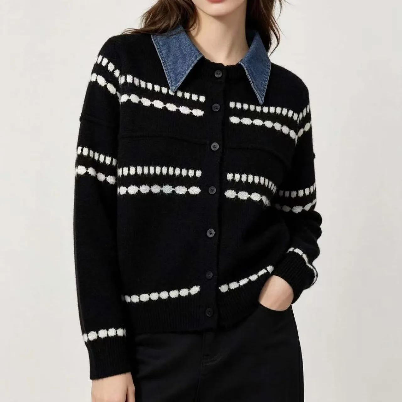 2026 New Striped Contrasting Color Shirt Collar Knitted Cardigan Women's Sweater Fake Two Pieces Loose Outer Wear 3