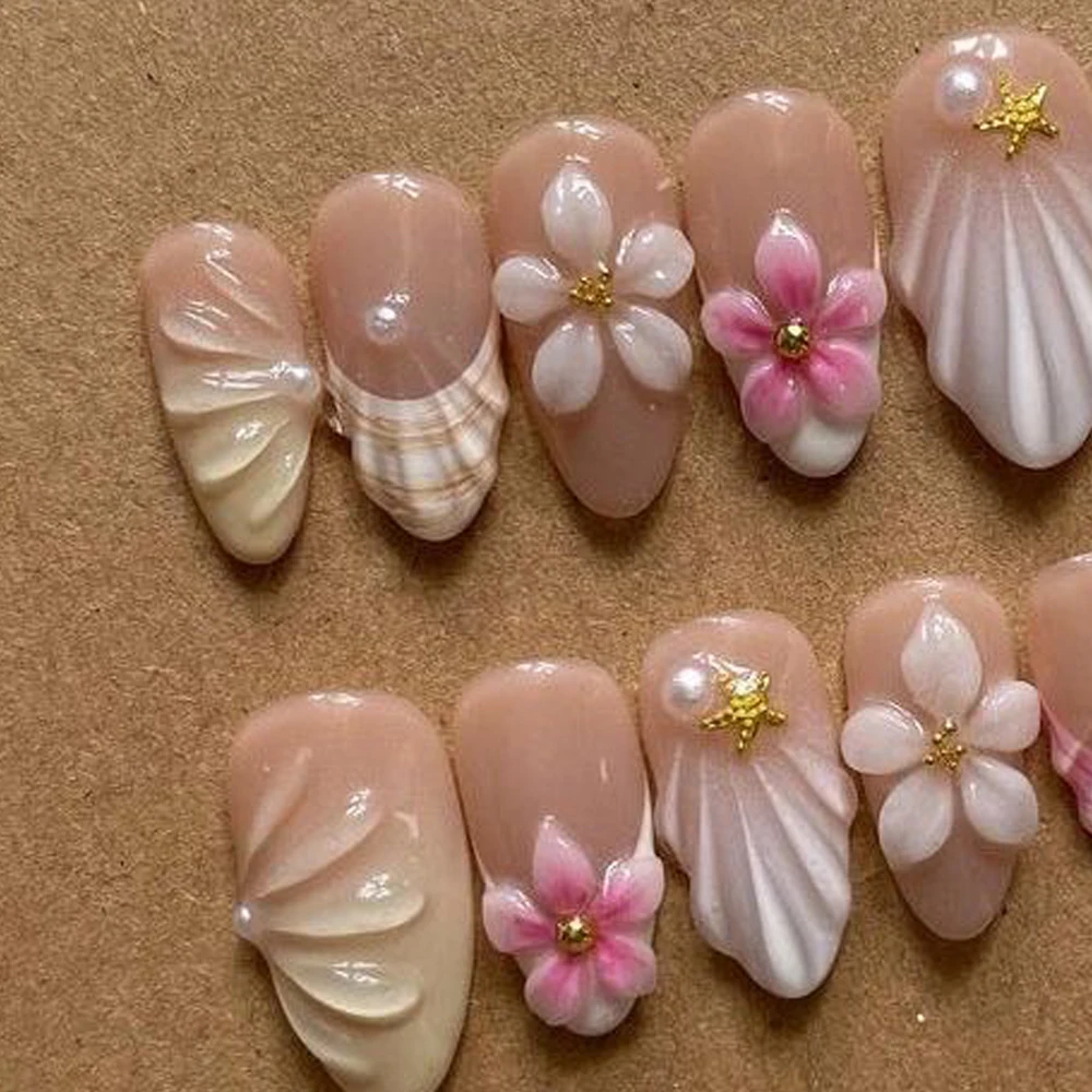 3D Nude Flowers Gel Handwork Press On Nails Art Party Sticker Starfish Shell Pearl Short Almond Full Coverage Fake Nails Gift