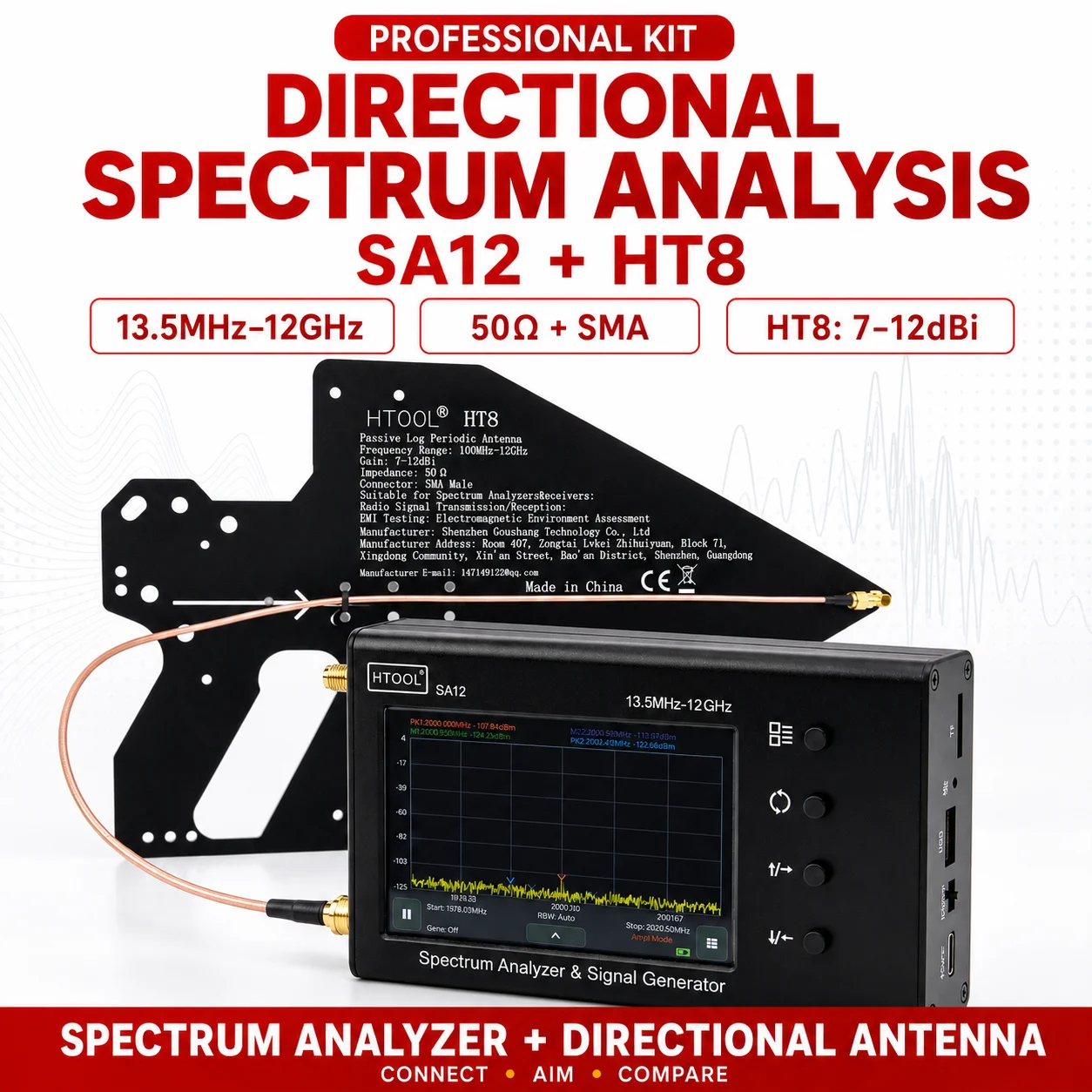 HTOOL SA12 and HT8 Professional RF Test Kit, 13.5MHz to 12GHz Spectrum Analyzer, Signal Generator, S21 Measurement, Directional