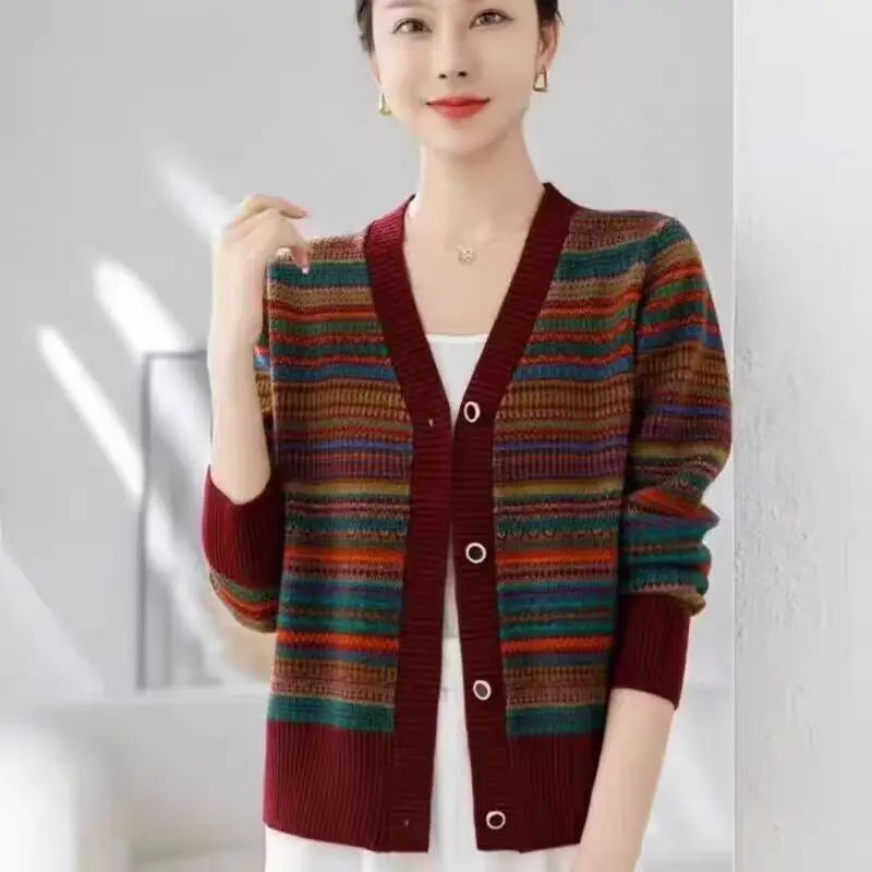 

Women's Clothing Fashion All-match Striped Patchwork Cardigan Autumn Winter New Vintage V-neck Long Sleeve Button Sweaters Tops