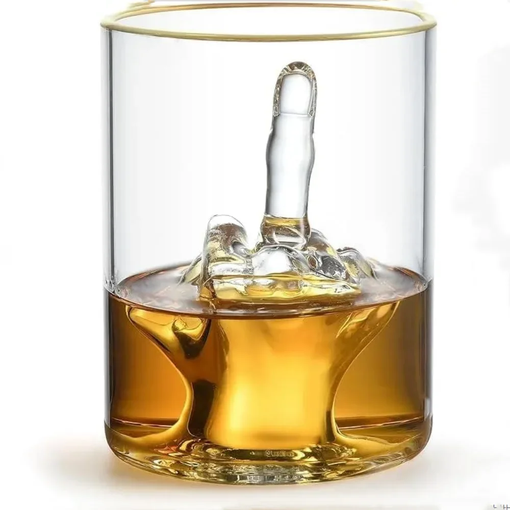 Middle Finger Funny Whiskey Glass Premium Up Yours Funny Glass for Whiskey Liquor Beer Luxurious Gold Rim Cup Bar Accessories