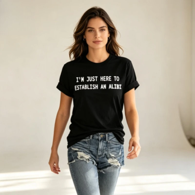 Women Modal  T-Shirt I'm Just Here To Establish An Alibi Print Short Sleeve Round Neck Funny Sarcastic Soft Casual Graphic Tee