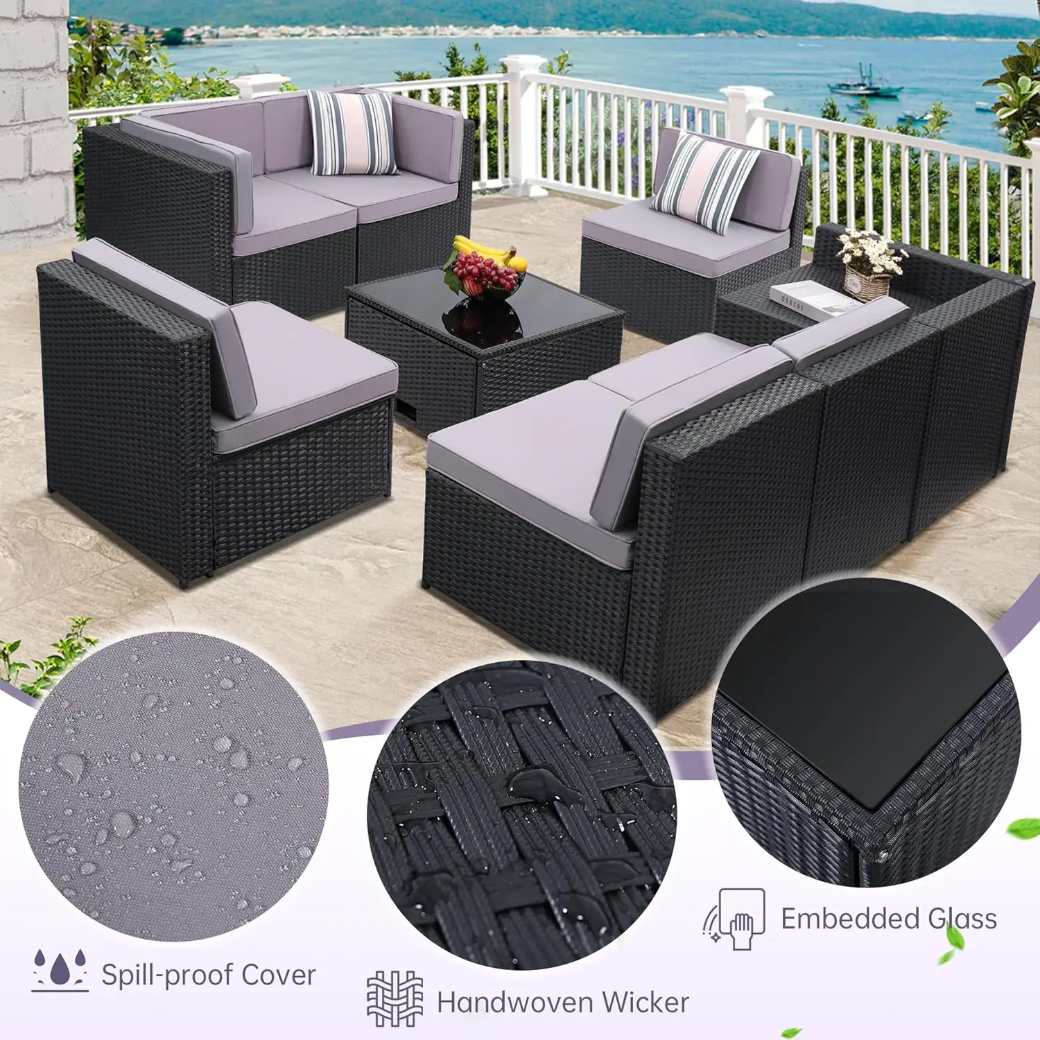 Glass Top Table with Hidden Storage, Includes 7 Seating Components, Black Rattan with Light Grey Overstuffed Cushions