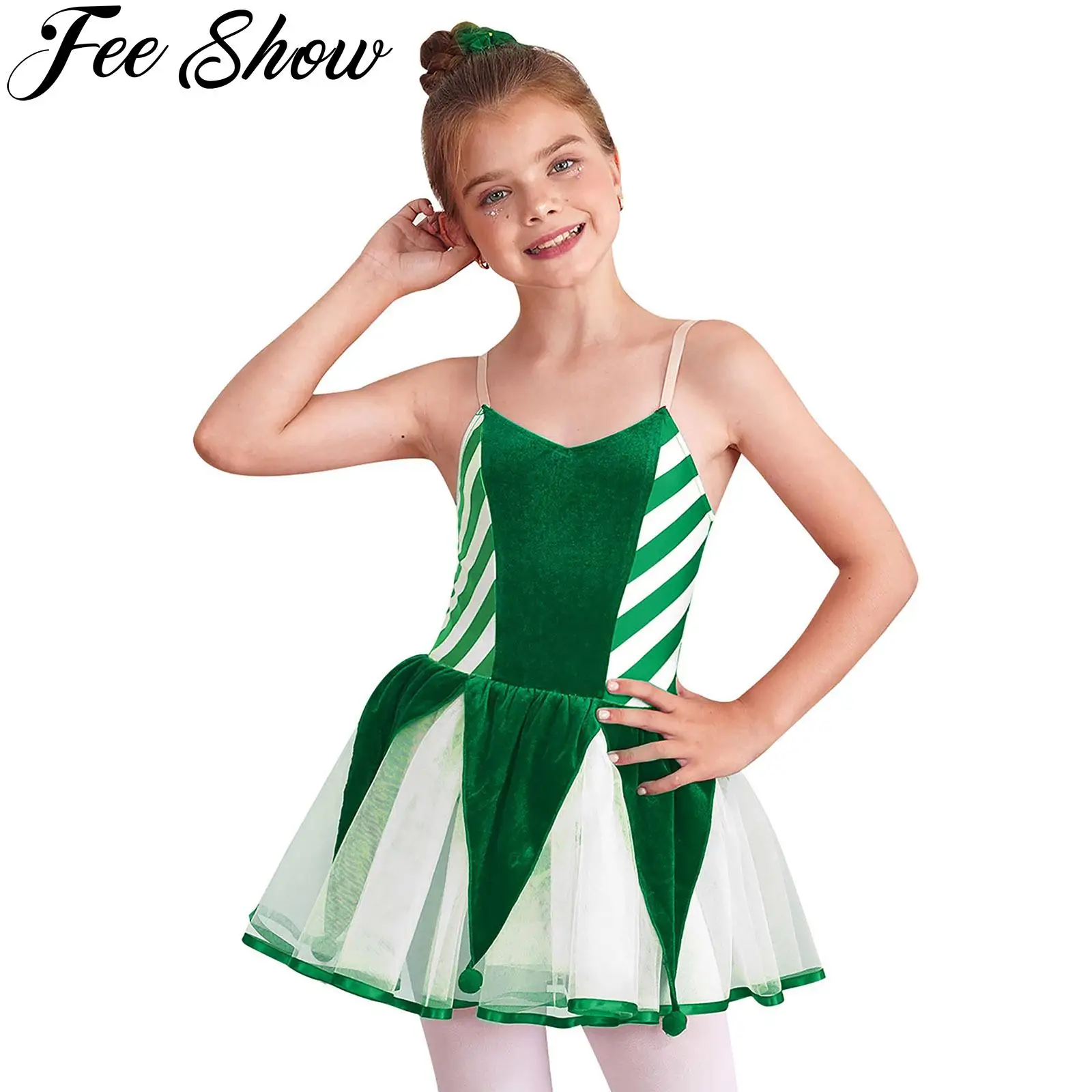 Girls Christmas Ballet Tutu Dress Sleeveless Striped Skating Dance Gymnastic Leotard Festival New Year Party Performance Costume