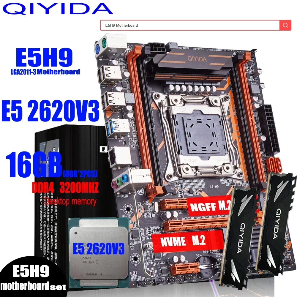 Qiyida X99 motherboard set E5H9 LGA2011-3 XEON E5 2620V3 2x8gb16GB 3200MHz 4 channels NON-ECC memory combo kit M-ATX