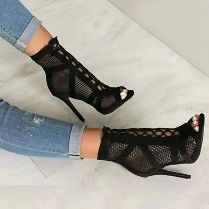 New Fashion show Black Net Fabric Cross strap Sexy high heel Sandals Woman shoes Pumps Lace-up Peep Toe Sandals Casual Mesh