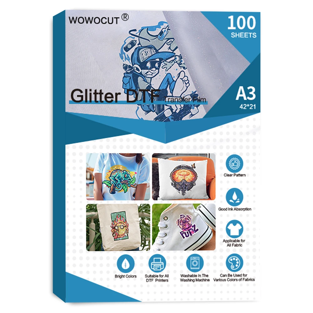 

WOWOCUT Glitter DTF Film A3 100 sheet Heat Transfer Paper Double-Sided Glossy Clear Pretreat DTF Film for Direct Print On TShirt