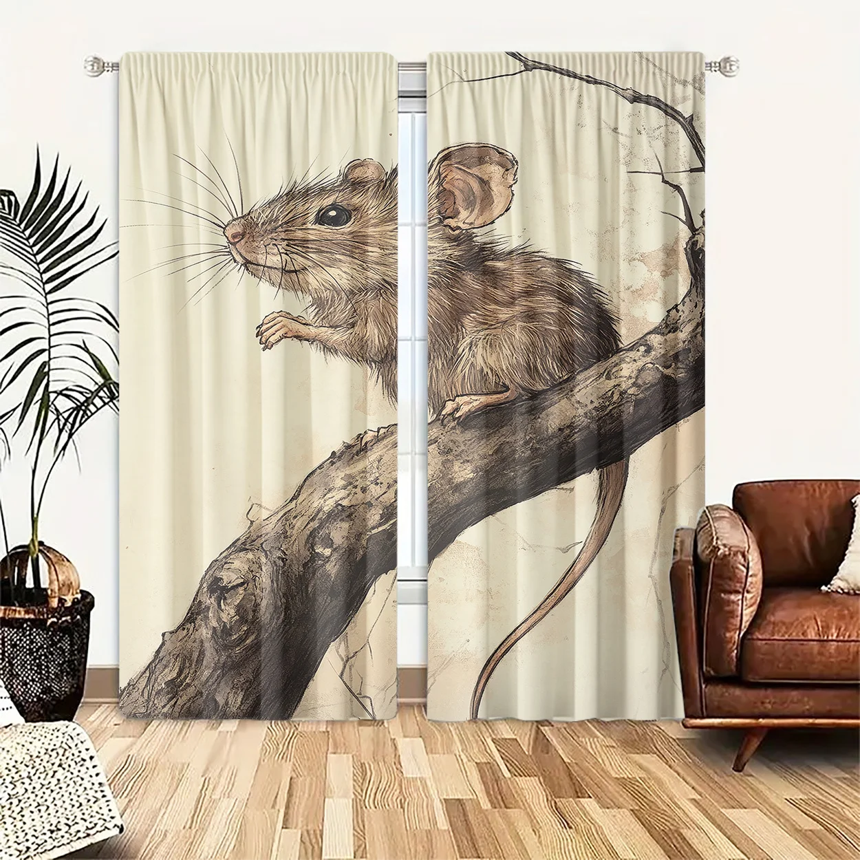 Sketch Mouse Branch Curtain 2 Panels, Vintage Hand Drawn Rat Twig Old Paper Beige Print, Drapes for Bedroom Retro Home Curtain