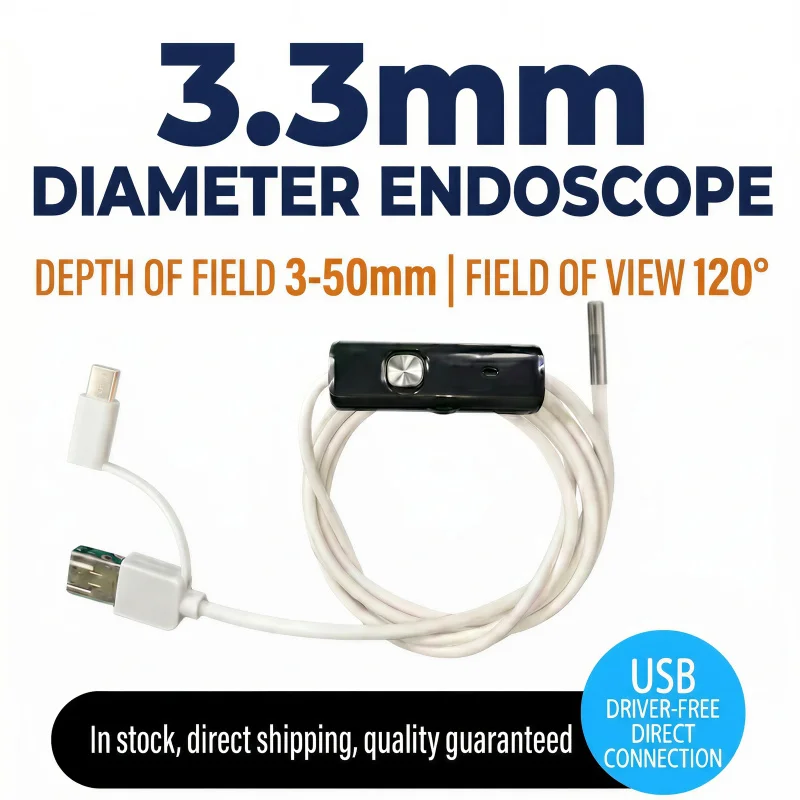 

3.3mm Ultra Thin 720P HD Endoscope, 1.5m Flexible Soft Cable, 3-in-1 USB Type-C Micro-B Inspection Camera Pipe Automotive Use