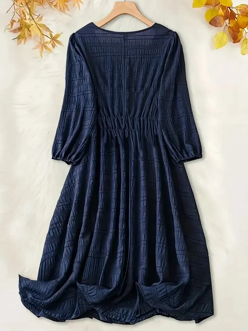 1XL-5XL Plus Size Women's  Dress with Textured Lantern Sleeves and V-Neck Tie Front Midi Dress for Comfort and Style