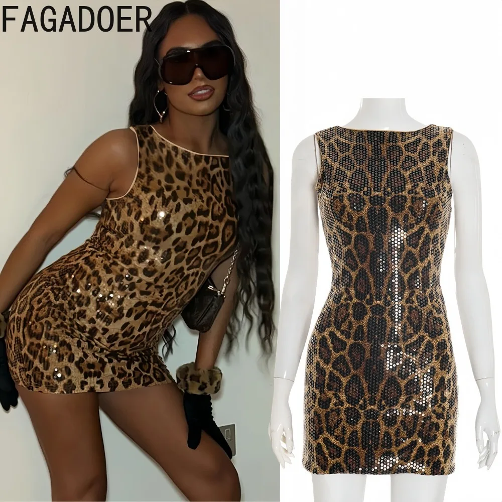 

FAGADOER Sexy Leopard Print Sequin Patchwork Dresses for Women Sleeveless Sparkling Bodycon Dress Female Party Clubwear Vestidos