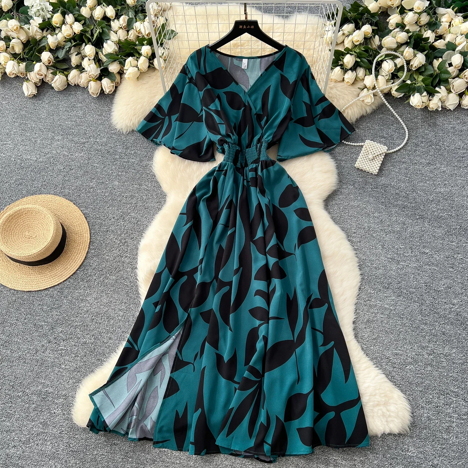 Letnia plaża damska sukienka w kwiaty letnia nowa długa sukienka Maxi elegancka swobodna sukienka z nadrukiem w liście Vestidos kobieta