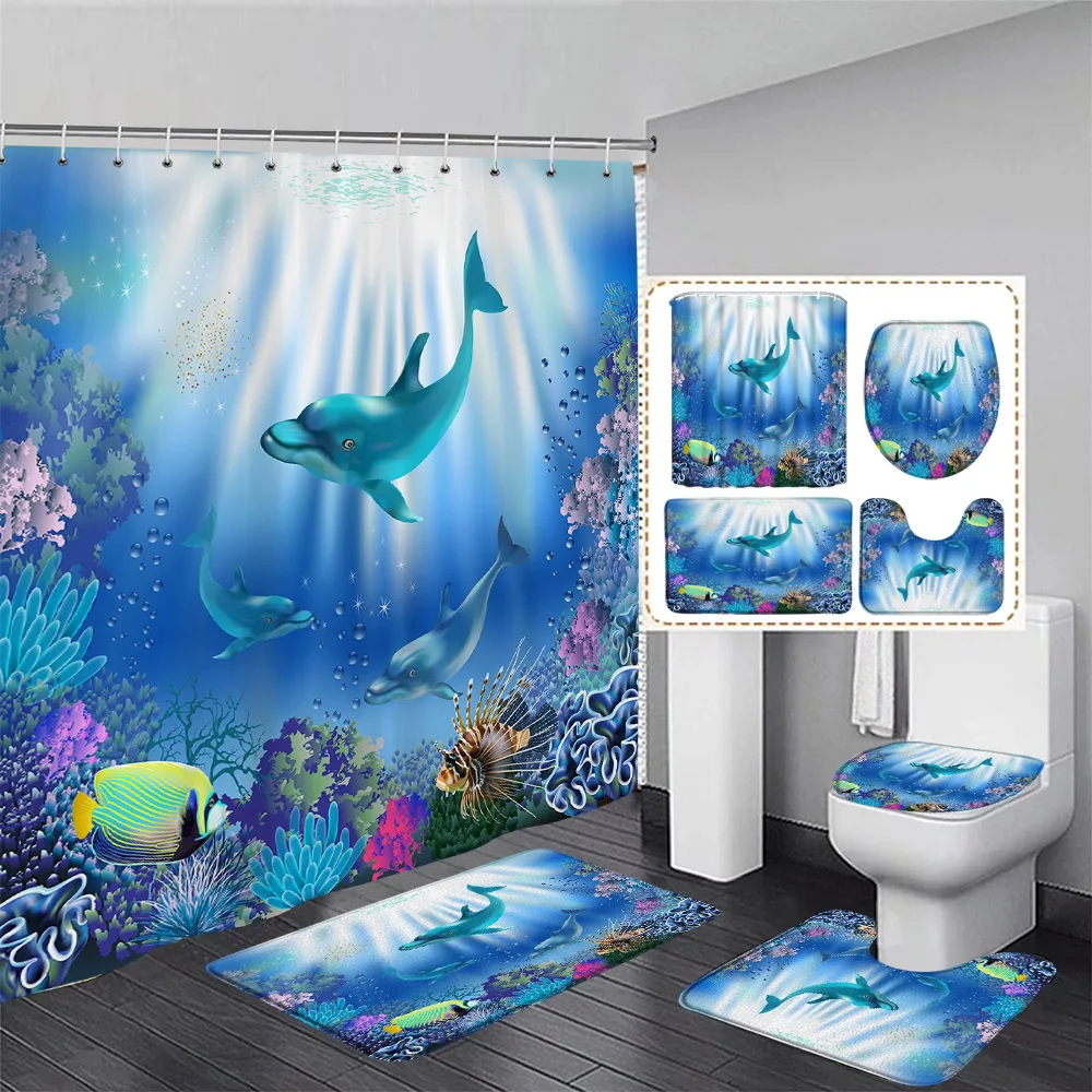 Funny Dolphin Shower Curtain Set Cute Ocean Animals Coral Underwater Scenery Bathroom Decor Non-slip Rug Bath Mats Toilet Cover