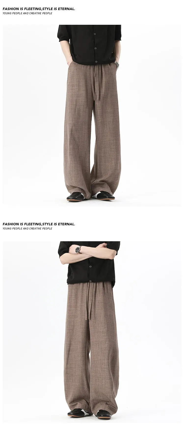 Herrenhose mit Kordelzug, elastischem Bund, weitem Bein, strukturiertem Stoff, locker geschnitten, gerade Hose für den Sommer, lässiges Alltagsoutfit. – Detail 8