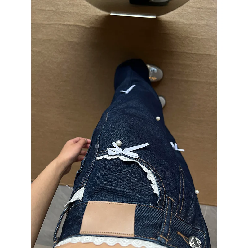 

Ladies Spring Summer New Mint Diffuse Wave Bud Edge Design Wide-leg Leans Autumn High Waist Loose Slim Joker Straight Thin Jeans