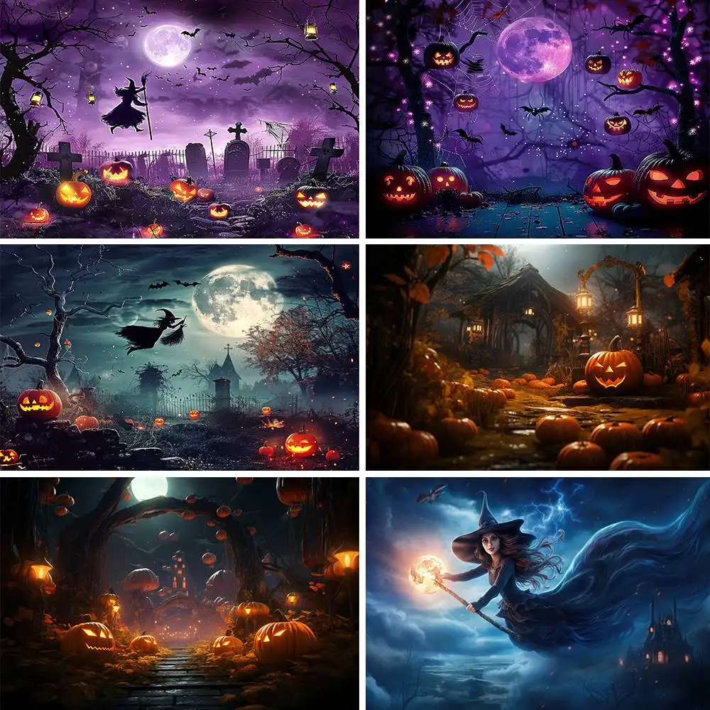 

Halloween Photography Backdrop Horror Night Moon Scary Forest Tree Misty Pumpkin All Saints' Day Party Background Photo Props