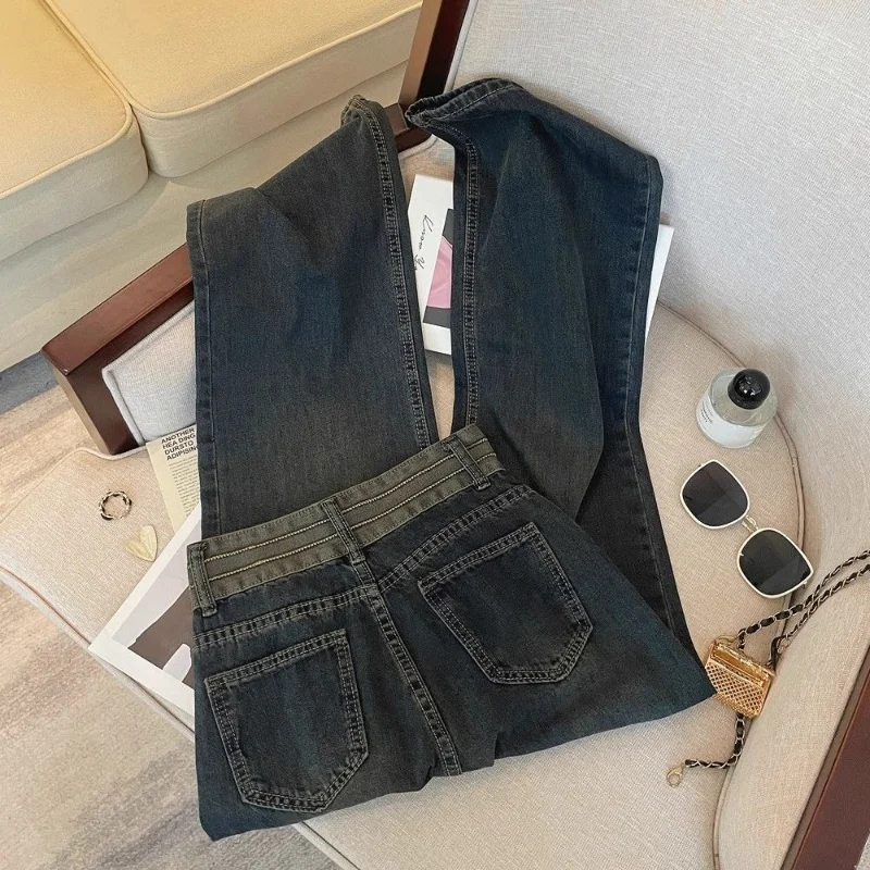 Retro Design Irregular High-waist Jeans Women in Spring and Autumn New Loose Straight Splicing Wide-leg Pants