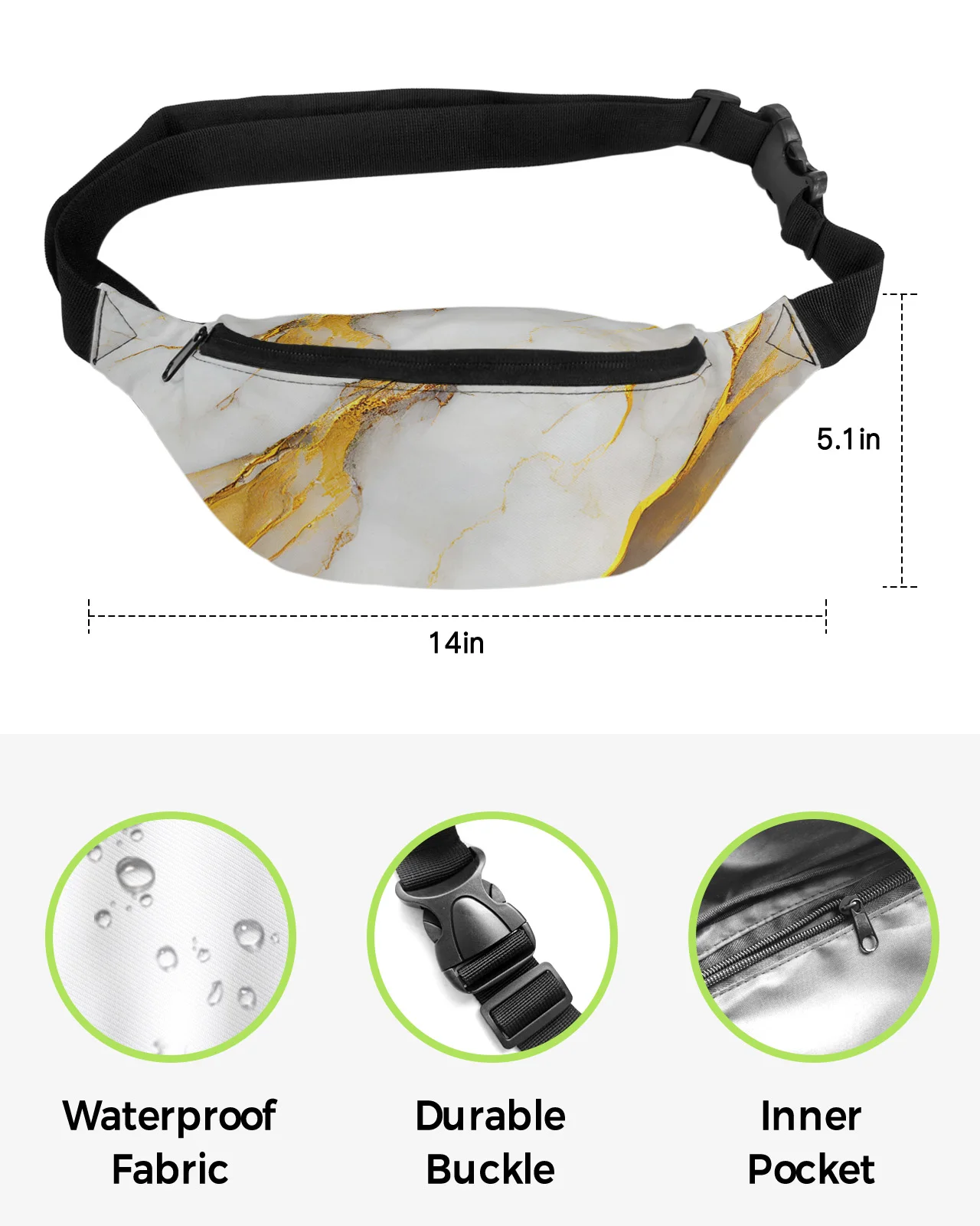 Marble Texture White Waist Packs for Women Waterproof Outdoor Sports Waist Bag Unisex Crossbody Shoulder Bag