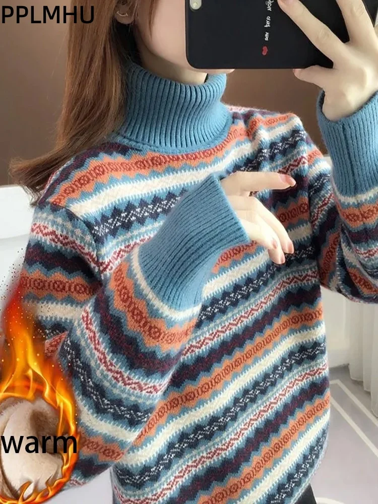 

Водолазка, плюшевый теплый вязаный свитер, женские повседневные мешковатые полосатые джемперы Sueter, модные трикотажные пуловеры с длинными рукавами