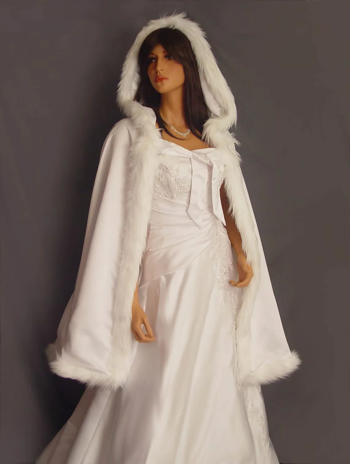 

Faux Fur Trim Satin Cloak Bridal Cape Shawl Cover Wedding Coat