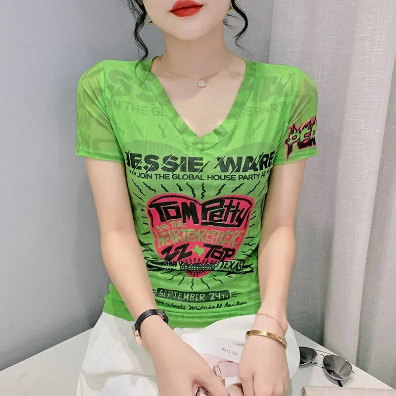 Faionable Printed Me ort Sve T-irt Women Summer 2024 New European Sle Slim Fit Ice Silk V-Ne Top Street Sle