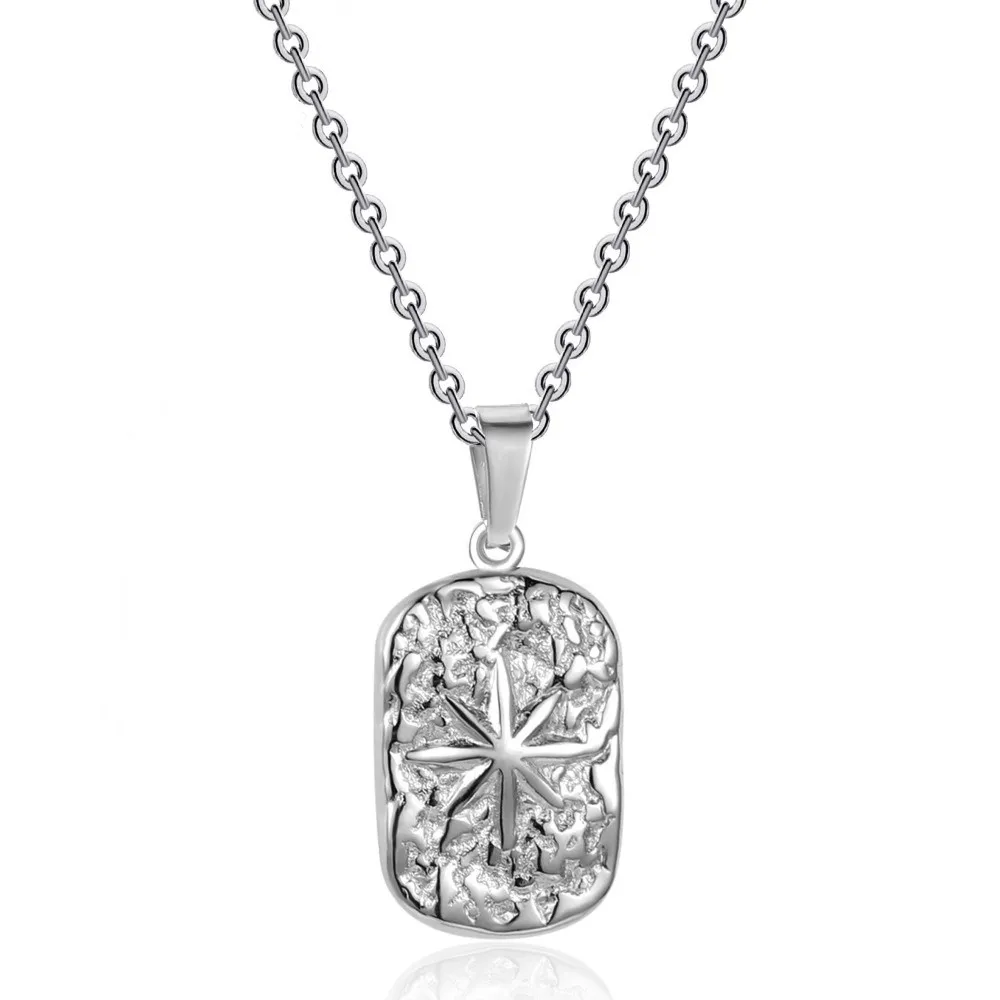 Hammered Finish Stainless Steel Pendant Necklace Non Fading With Chain Compass Pendant Necklace Silver Color