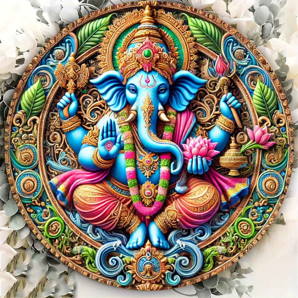 Ganesha Wall Decor Plaque - Iron Foil Engraved Bohemian Art for Home, Kitchen, Farmhouse - Hindu Elephant God Ganesh Emblem Sign