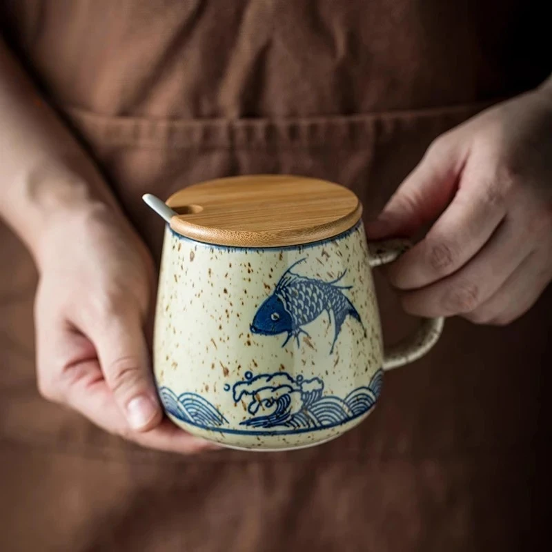380ml Japanese Retro Ceramic Coffee Mug With Lid And Spoon Milk Breakfast Cups Home Heat-resistant Teacup Tumbler Water Mug Gift