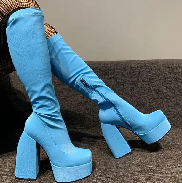 Stivali alti al ginocchio con punta quadrata arancione verde fluorescente donna tacchi spessi elastici sottili Muffin scarpe con plateau con fondo