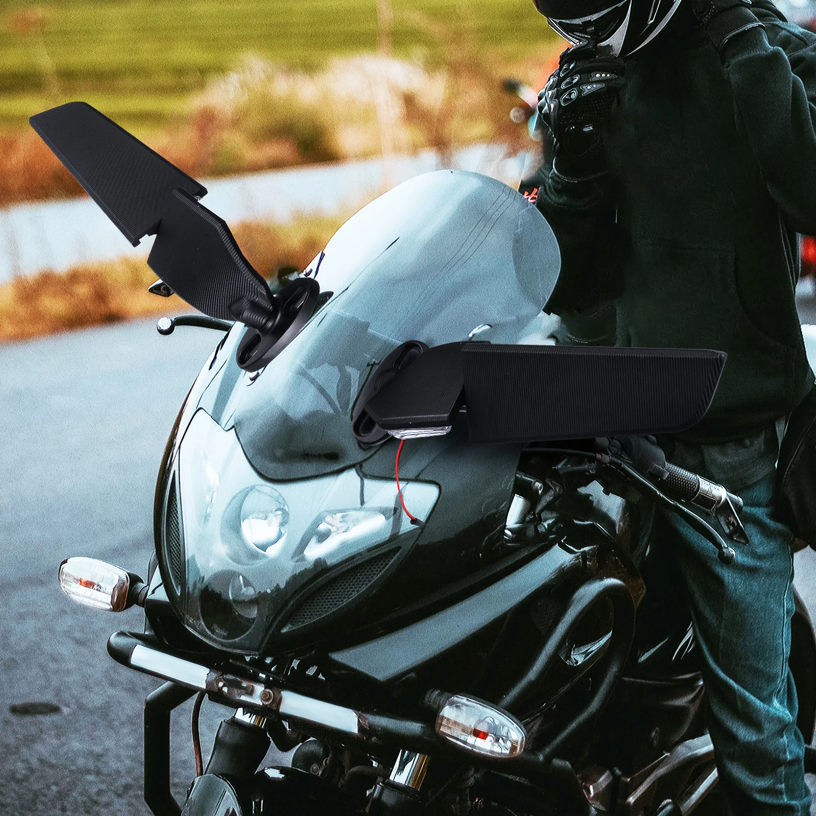 

1 Pair Motorcycle Rearview Mirror Black Large Surface Wing Fin Side Mirrors Aluminum Handlebars Turn Signals Stable Sturdy