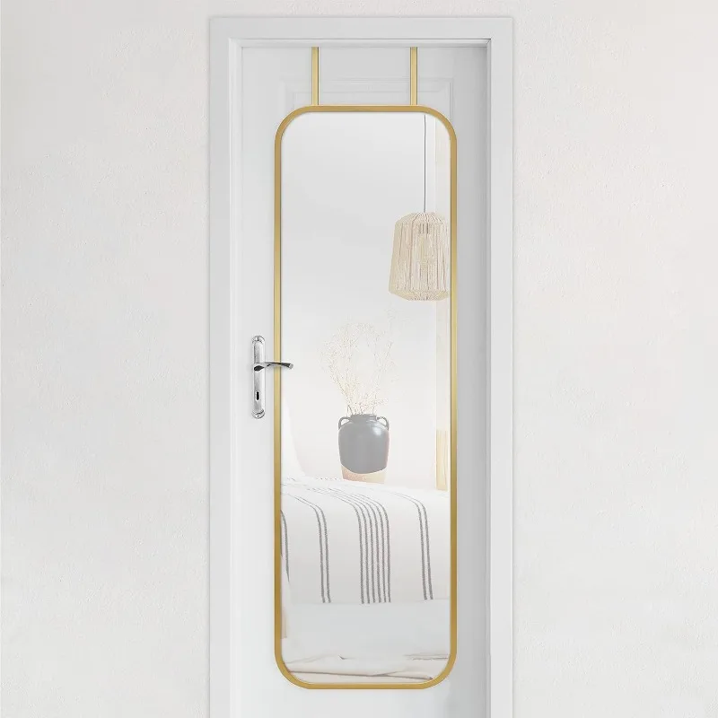 

17x55 Brass Metal Over The Door Mirror With Rounded Corners, Full Length Hanging Mirror for Bedroom and Bathroom