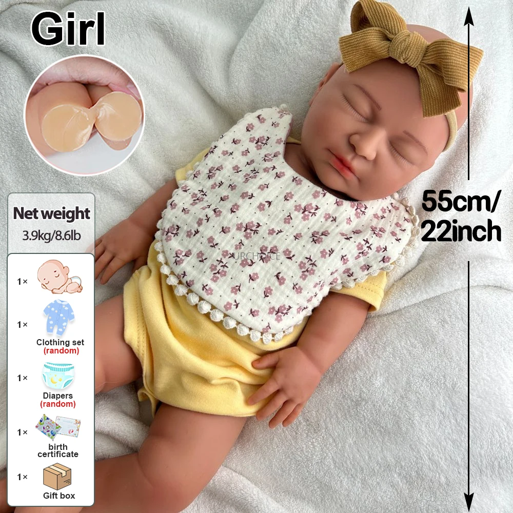 22 بوصة مصنوعة يدويا وزن السيليكون ولدت من جديد طفلة 8.6lb لمسة ناعمة الشعور دمية مقاومة للماء للآباء الحوامل المجموعات