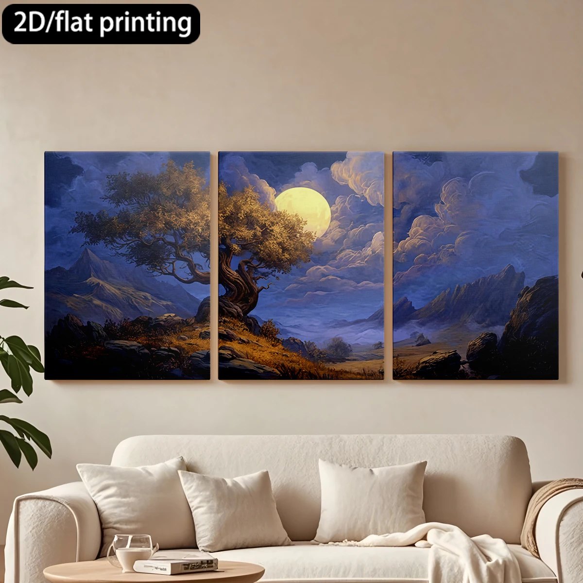 

Декоративная картина на холсте с тремя панелями: лунный пейзаж, одинокое дерево, горы.