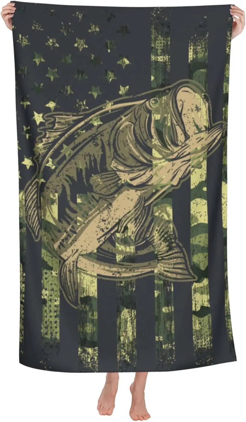 Bass Fish Beach Towel 31.5x63 Inch Camo American Flag Print Quick Dry Microfiber Soft Bath Towel for Fishing Lovers