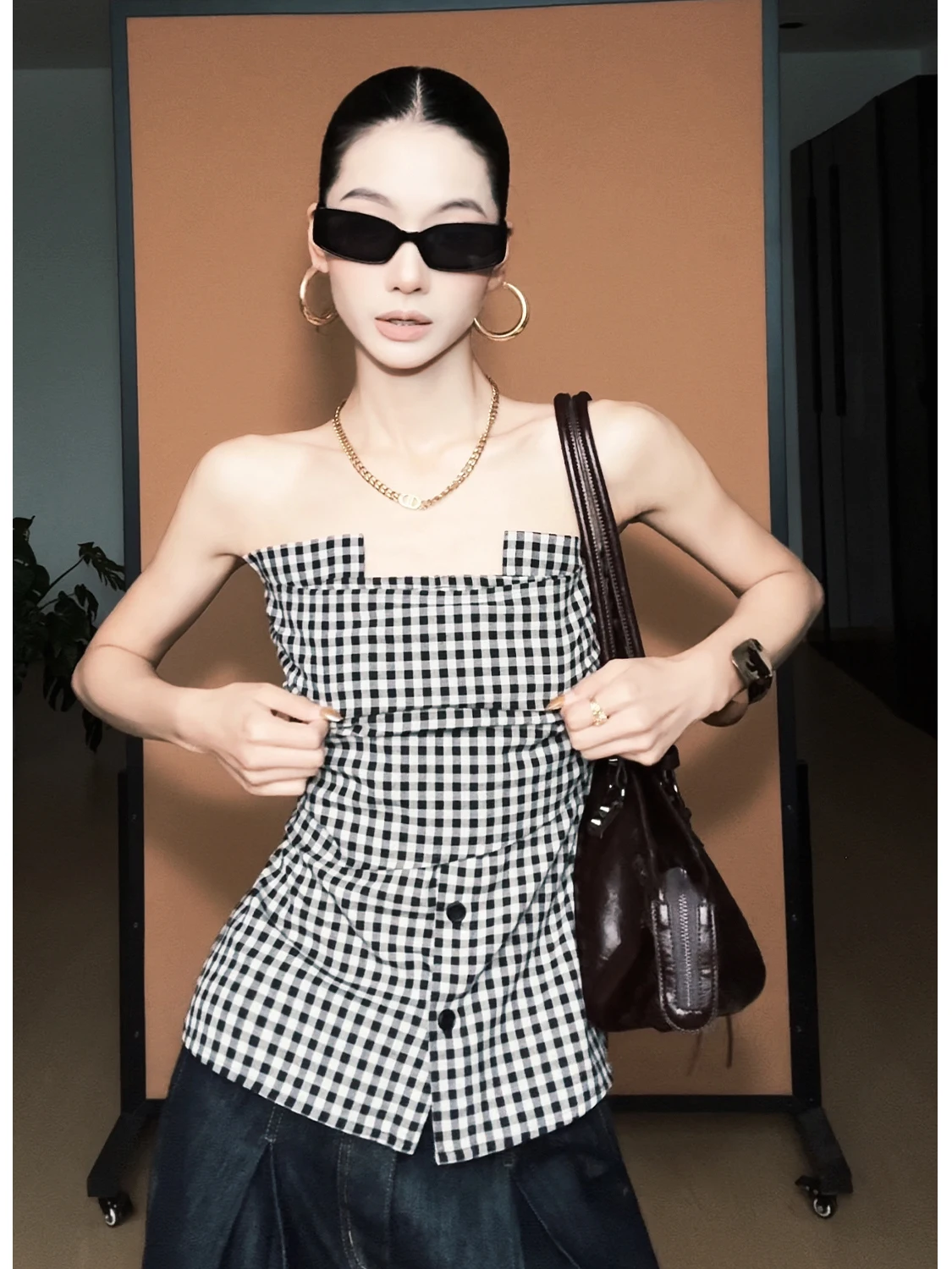 CIZZLEMORE Sweet Checkered Cotton Blend Slim Fit Crop Top Women's Summer Fashionable Casual Wear Outerwear Regular Length