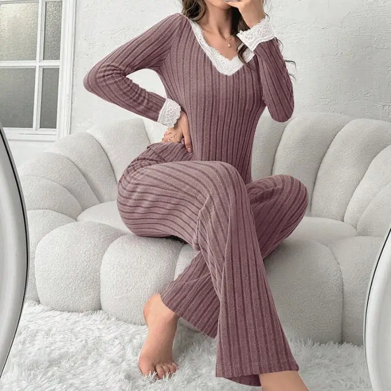 Women Autumn Winter Fashion Comfort Long Sleeve Home Clothes Two Piece Set Casual Style V Neck Lace Pit Strip Knitted Pajamaset