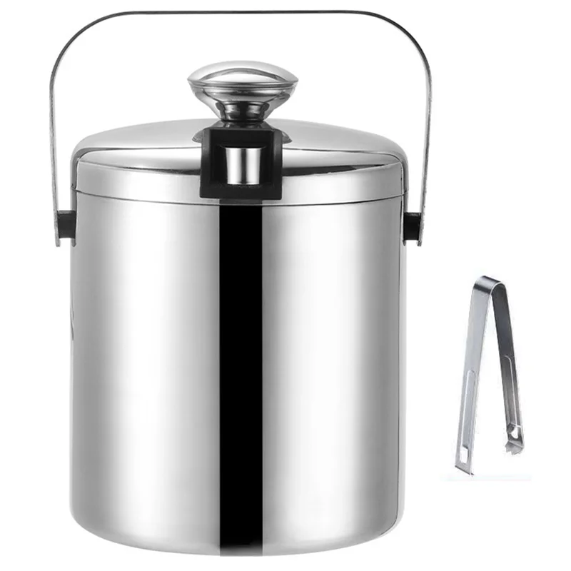 

Double-Wall Stainless Steel Ice Bucket With Lid Tongs And Strainer For Wine, Champagne, Vodka, Cocktail, And Beer Coolers