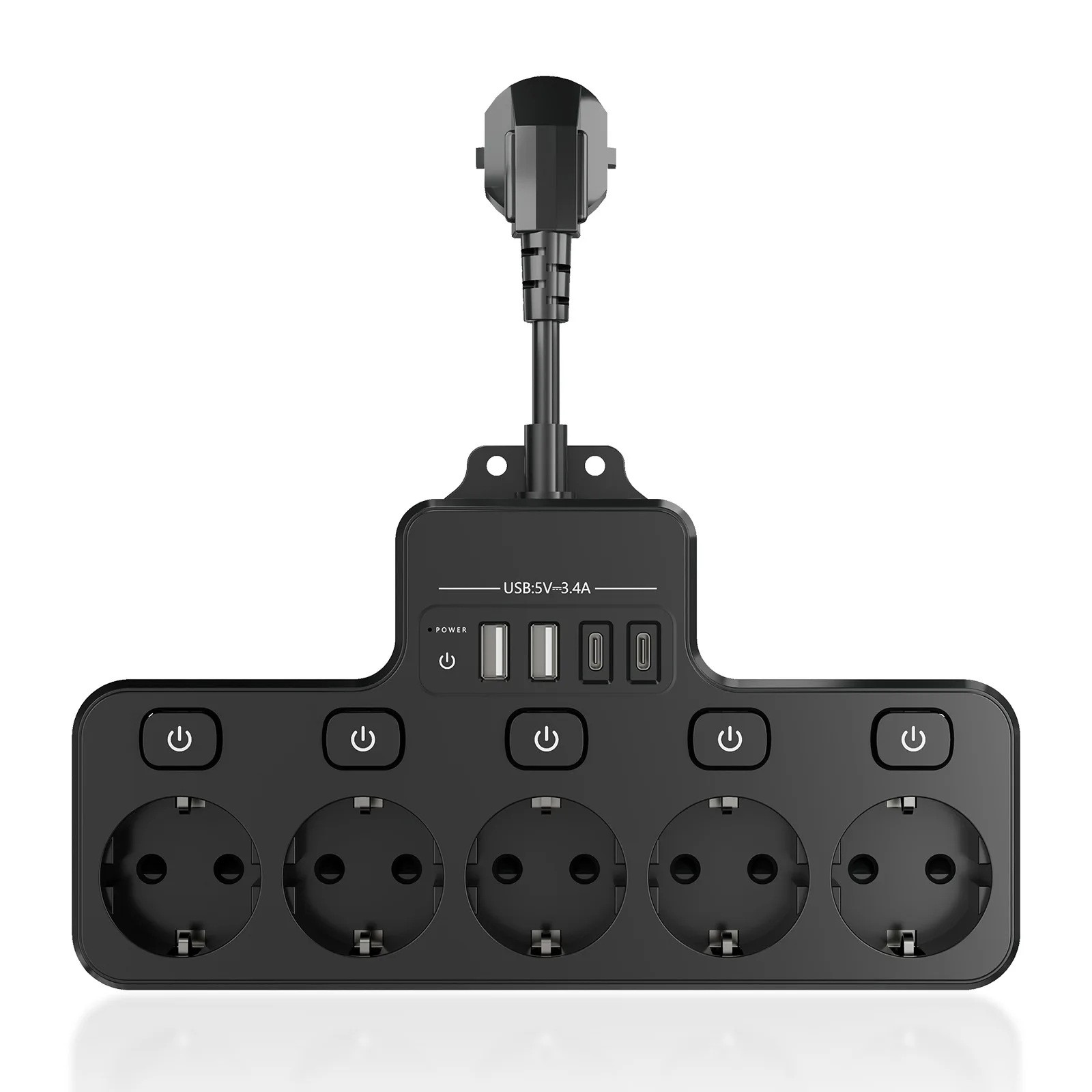 Cable corto enchufable europeo, placa enchufable USB TYPE-C multiposición de 5 orificios, enchufe multifuncional estándar alemán y francés